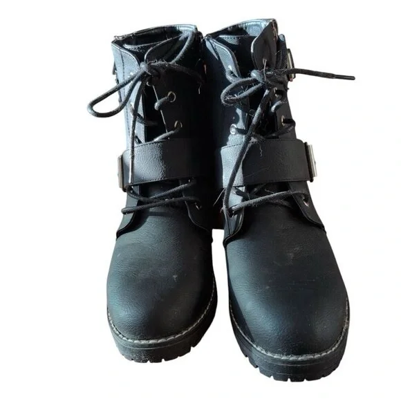 My Style Combat Military Ankle Boots Women s size 9 with Block Heel in Black - Picture 2 of 6